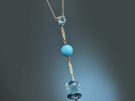 Necklace with blue topaz turquoise diamonds and white gold 750