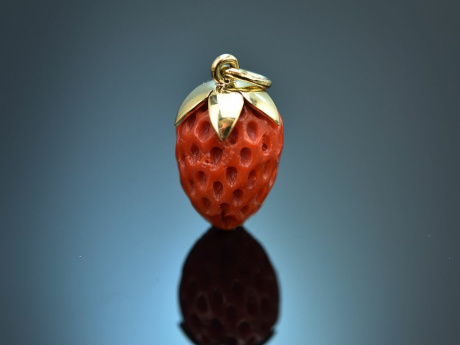 From our workshop! Large coral strawberry pendant in 14k gold