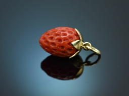 From our workshop! Large coral strawberry pendant in 14k...