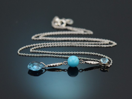 Necklace with blue topaz, turquoise, diamonds and white gold 750