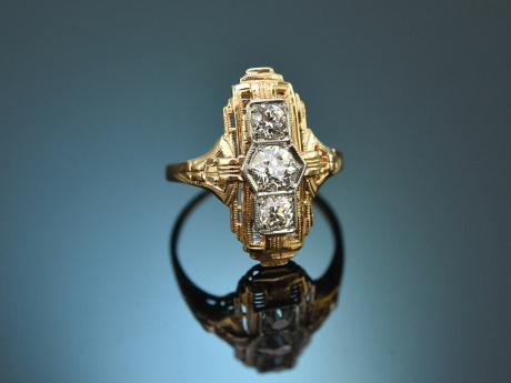 USA um 1920! Art Deco Ring mit Altschliff Diamanten aus Gold 585