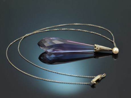 Um 1915! Wundervolles Collier mit Amethyst Tropfen Diamanten und Perle aus Gold 585