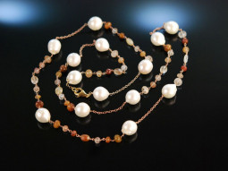 Big Pearls! Lange Kette Silber 925 ros&eacute; vergoldet barocke Zuchtperlen Citrin Bergkristall Rutilquarz